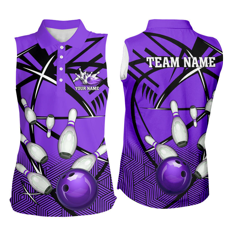 Personalized Bowling Sleeveless Polo Shirt, Team Bowling Jerseys Camo Bowling Ball and Pins | Purple NQS8915