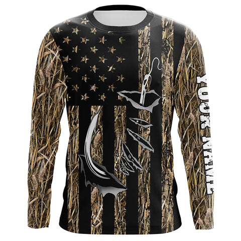 Personalized American Flag Camo Fishing Jerseys, Fish hook camo patriotic Long Sleeve Fishing Shirts NQS8920