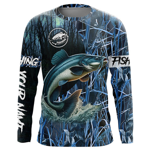 Catfish fishing blue camouflage fishing clothing Custom UV protection performance fishing shirt NQS2614