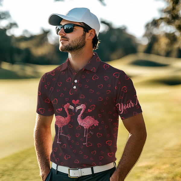 Funny Flamingo red heart pattern Mens golf polo shirts custom Valentine golf tops gifts for him NQS9366