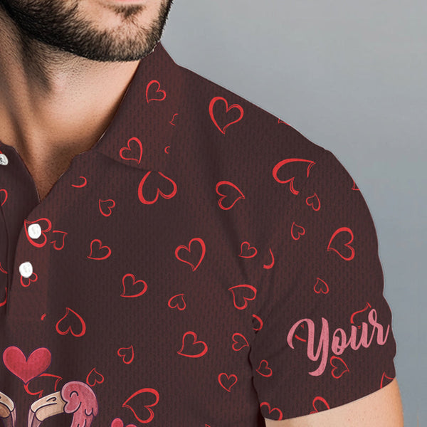 Funny Flamingo red heart pattern Mens golf polo shirts custom Valentine golf tops gifts for him NQS9366