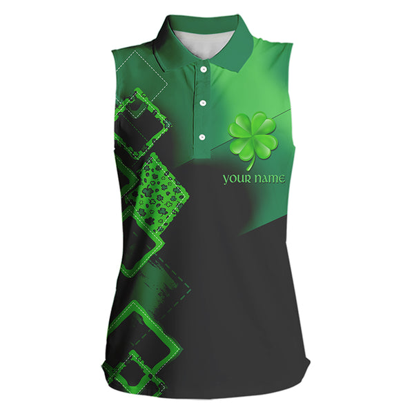 Women Sleeveless polo shirt custom name green clover St Patrick day golf shirts, golfing gifts | Black NQS9514