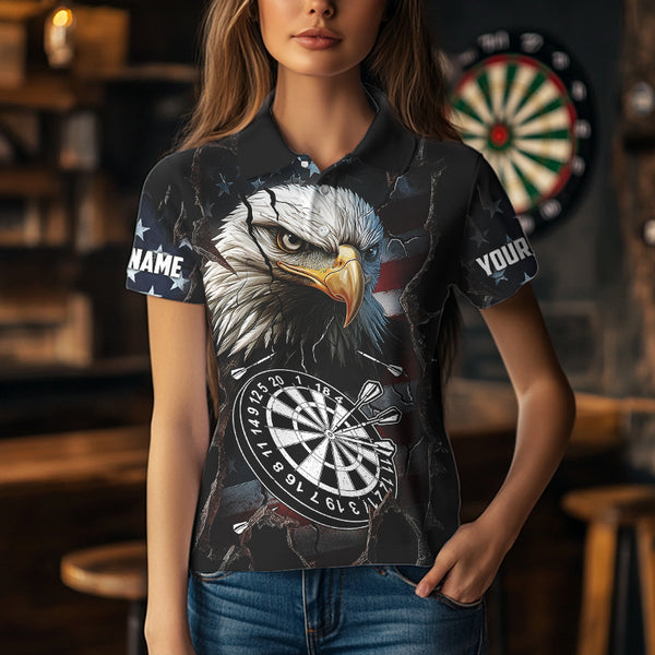 Personalized Eagle American flag Dart Polo, Quarter Zip Shirt for Women Custom Patriotic Darts Jersey NQS9521