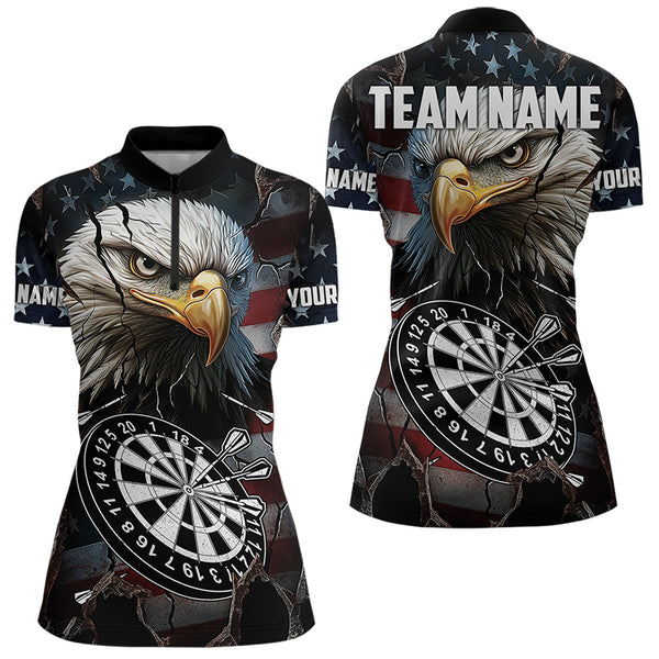 Personalized Eagle American flag Dart Polo, Quarter Zip Shirt for Women Custom Patriotic Darts Jersey NQS9521