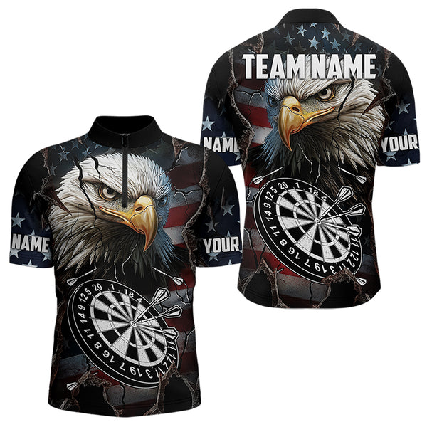 Personalized Eagle American flag Dart Polo, Quarter Zip Shirt for Men Custom Patriotic Darts Jersey NQS9521