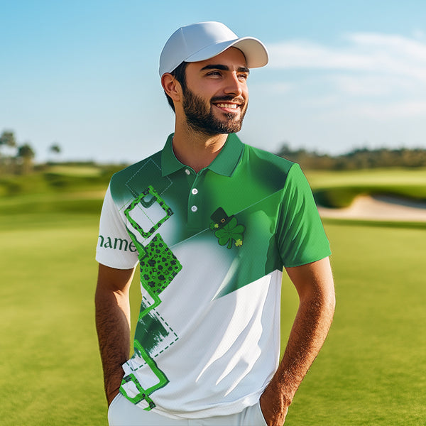 Mens golf polo shirt custom name white and green shamrock St Patrick day golf shirts, golfing gifts NQS9676