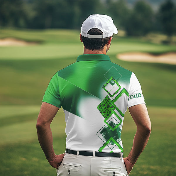 Mens golf polo shirt custom name white and green shamrock St Patrick day golf shirts, golfing gifts NQS9676