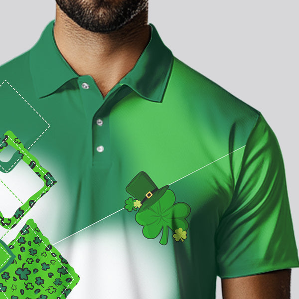 Mens golf polo shirt custom name white and green shamrock St Patrick day golf shirts, golfing gifts NQS9676