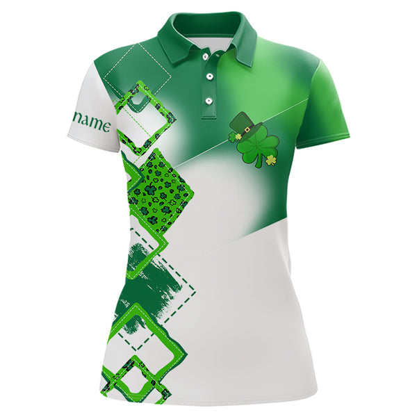 Women golf polo shirt custom name white and green shamrock St Patrick day golf shirts, golfing gifts NQS9676
