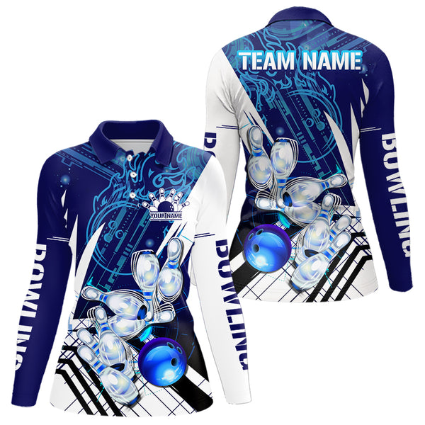 Blue and White Custom Flame Bowling Polo, Quarter-Zip Shirts For Women, Team Bowling League Jersey NQS9679