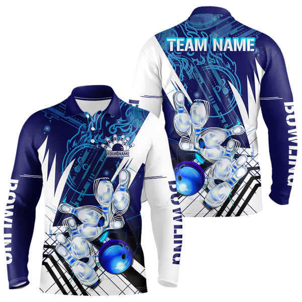 Blue and White Custom Flame Bowling Polo, Quarter-Zip Shirts For Men, Team Bowling League Jersey NQS9679