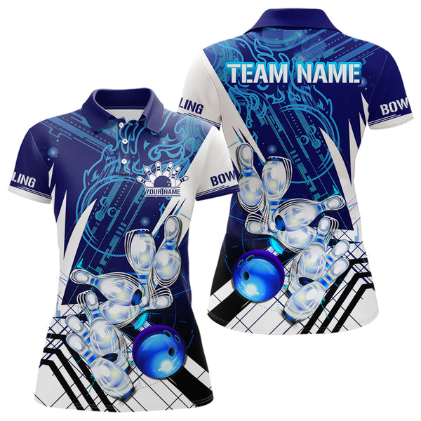 Blue and White Custom Flame Bowling Polo, Quarter-Zip Shirts For Women, Team Bowling League Jersey NQS9679
