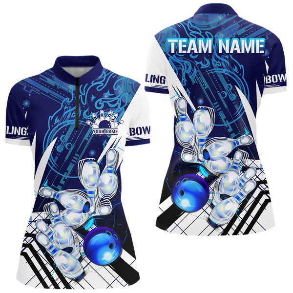 Blue and White Custom Flame Bowling Polo, Quarter-Zip Shirts For Women, Team Bowling League Jersey NQS9679