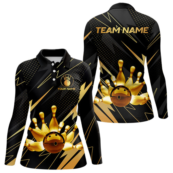 Custom Black and Gold Bowling Polo, Quarter Zip Shirts for Women, Team Bowling League Jersey NQS9682