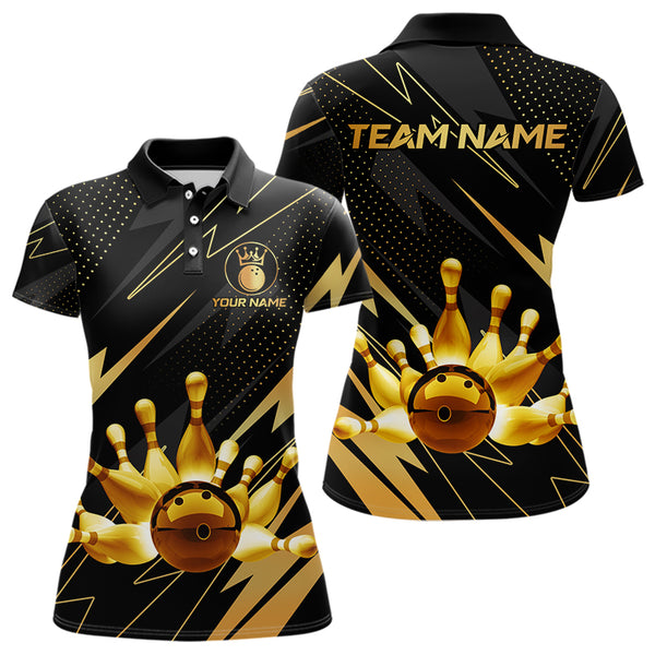 Custom Black and Gold Bowling Polo, Quarter Zip Shirts for Women, Team Bowling League Jersey NQS9682