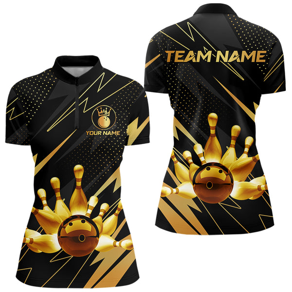 Custom Black and Gold Bowling Polo, Quarter Zip Shirts for Women, Team Bowling League Jersey NQS9682