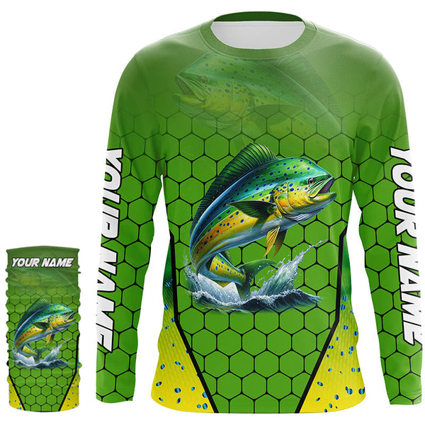 Personalized Mahi mahi green scales Performance Long Sleeve Fishing Shirts, Tournament Fishing Jerseys NQS7457