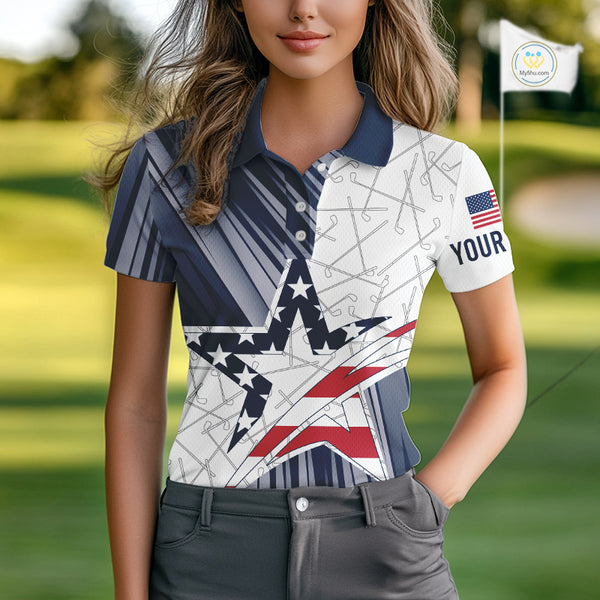 Personalized Red, White and Blue American Flag Star Golf Camo polo shirts for women , unique golf gift NQS9960