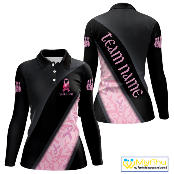 Black and Pink Ribbon Breast cancer Bowling Polo, 1/4 Zip Shirt for Women Custom Bowling Team Jersey NQS9961