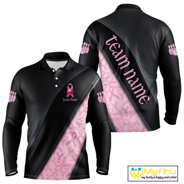 Black and Pink Ribbon Breast cancer Bowling Polo, 1/4 Zip Shirt for Men Custom Bowling Team Jersey NQS9961