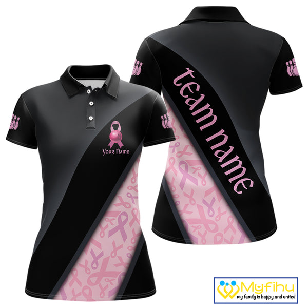 Black and Pink Ribbon Breast cancer Bowling Polo, 1/4 Zip Shirt for Women Custom Bowling Team Jersey NQS9961