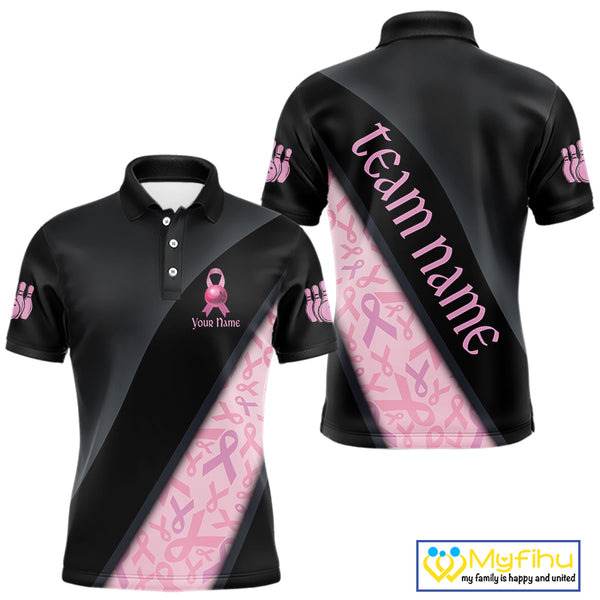 Black and Pink Ribbon Breast cancer Bowling Polo, 1/4 Zip Shirt for Men Custom Bowling Team Jersey NQS9961