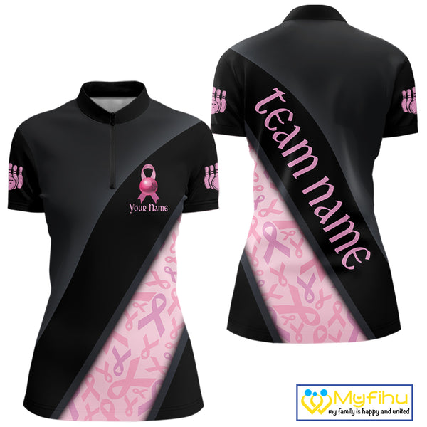 Black and Pink Ribbon Breast cancer Bowling Polo, 1/4 Zip Shirt for Women Custom Bowling Team Jersey NQS9961
