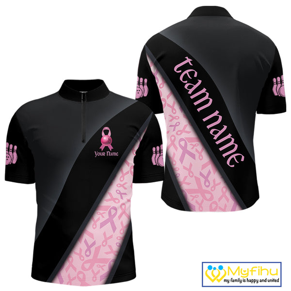 Black and Pink Ribbon Breast cancer Bowling Polo, 1/4 Zip Shirt for Men Custom Bowling Team Jersey NQS9961