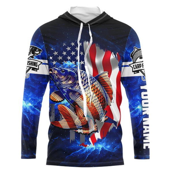 Carp Fishing blue galaxy 3D American Flag patriotic Customize name All over print fishing shirts NQS449