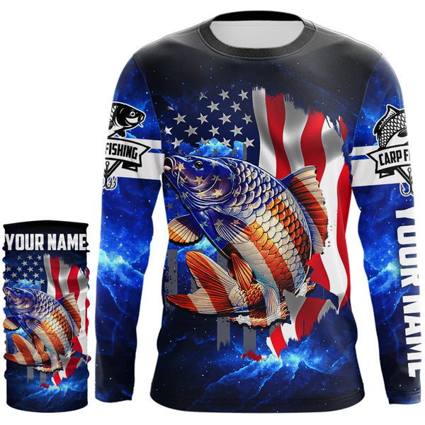Carp Fishing blue galaxy 3D American Flag patriotic Customize name All over print fishing shirts NQS449