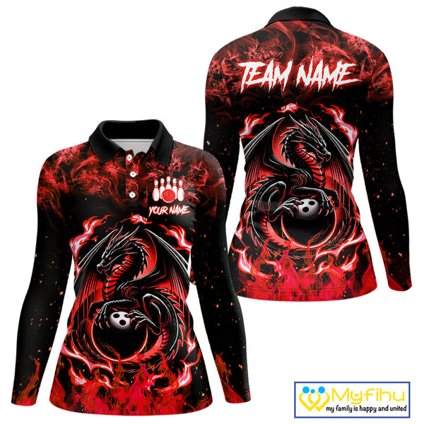 Black and Red Flame Dragon bowling shirts for Women Custom Bowling Team Jersey, gift for Bowler NQS10245