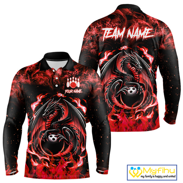 Black and Red Flame Dragon bowling shirts for Men Custom Bowling Team Jersey, gift for Bowler NQS10245