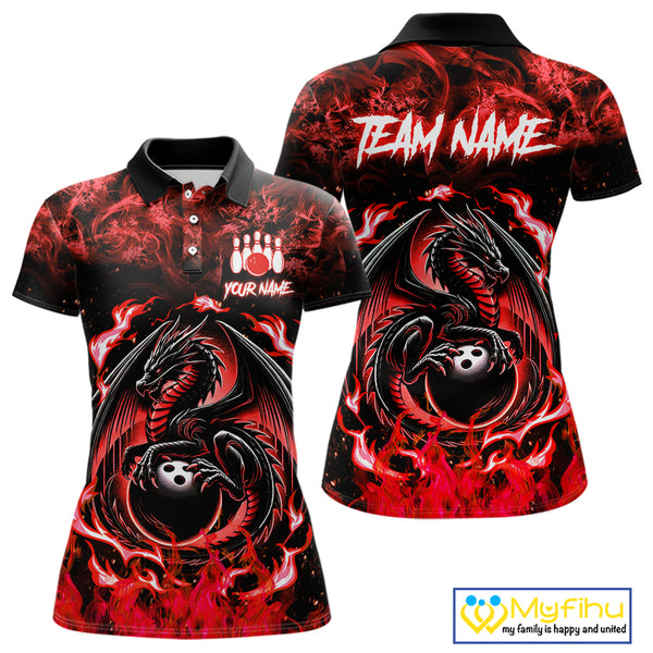 Black and Red Flame Dragon bowling shirts for Women Custom Bowling Team Jersey, gift for Bowler NQS10245