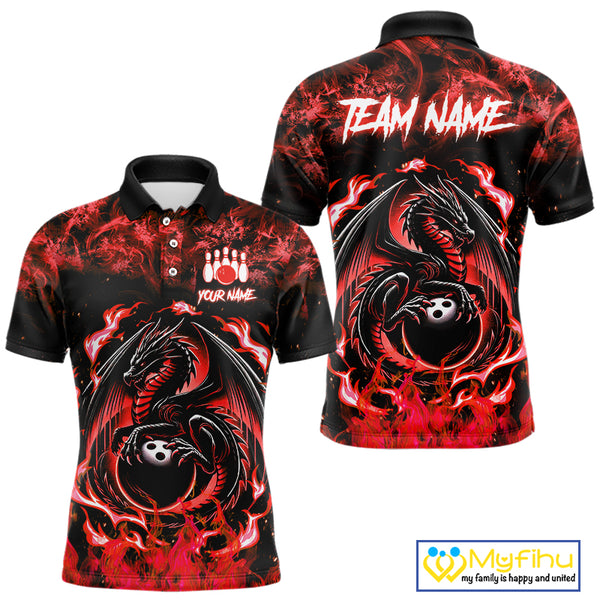 Black and Red Flame Dragon bowling shirts for Men Custom Bowling Team Jersey, gift for Bowler NQS10245