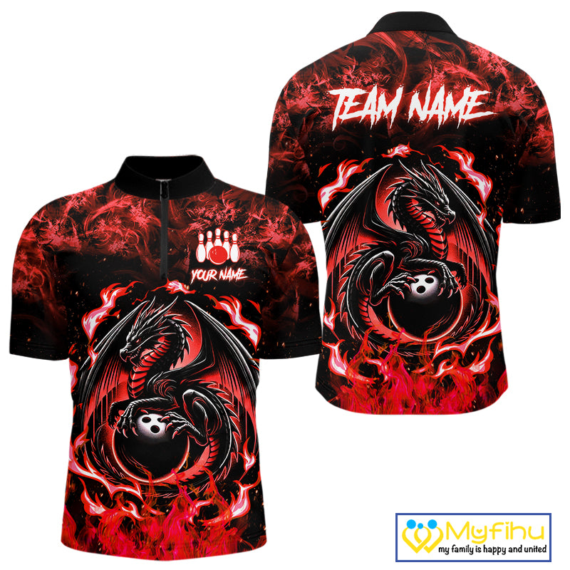 Black and Red Flame Dragon bowling shirts for Men Custom Bowling Team Jersey, gift for Bowler NQS10245