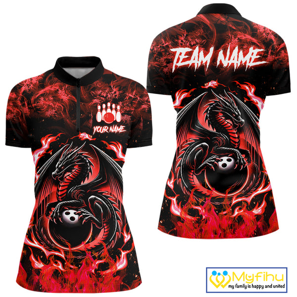 Black and Red Flame Dragon bowling shirts for Women Custom Bowling Team Jersey, gift for Bowler NQS10245