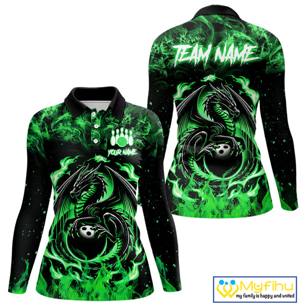 Black and Green Flame Dragon bowling shirts for Women Custom Bowling Team Jersey, gift for Bowler NQS10246