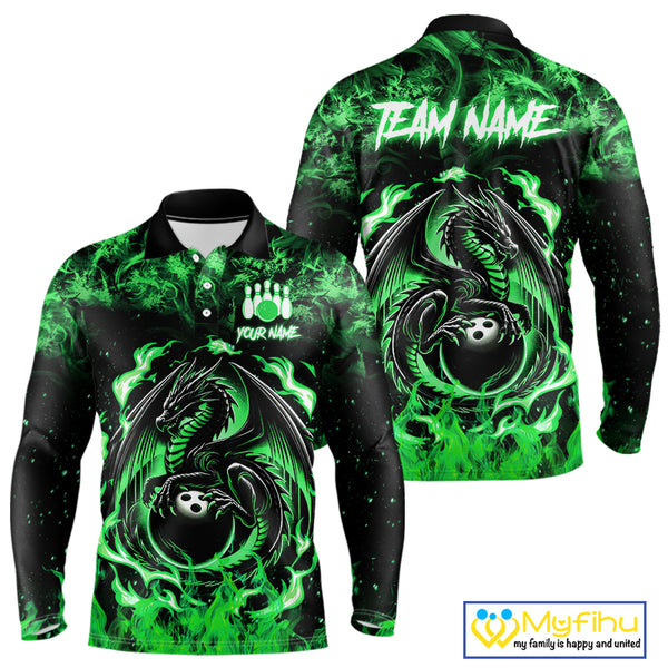 Black and Green Flame Dragon bowling shirts for Men Custom Bowling Team Jersey, gift for Bowler NQS10246
