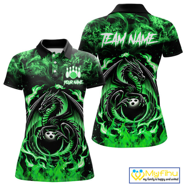 Black and Green Flame Dragon bowling shirts for Women Custom Bowling Team Jersey, gift for Bowler NQS10246