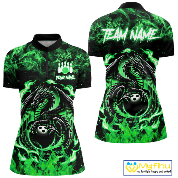 Black and Green Flame Dragon bowling shirts for Women Custom Bowling Team Jersey, gift for Bowler NQS10246