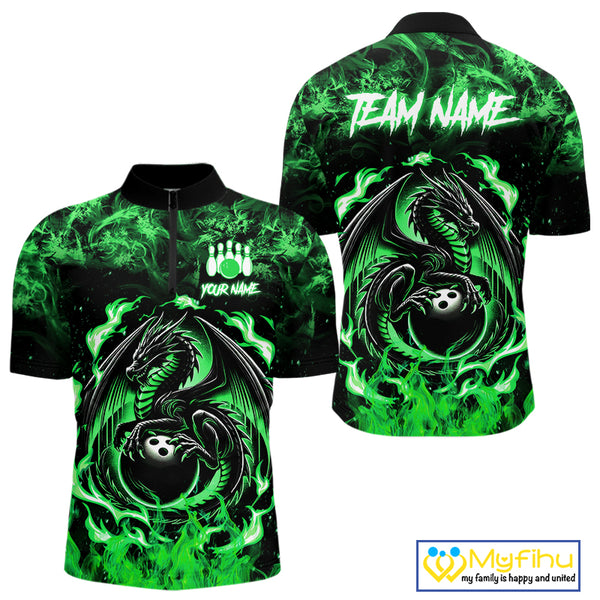 Black and Green Flame Dragon bowling shirts for Men Custom Bowling Team Jersey, gift for Bowler NQS10246