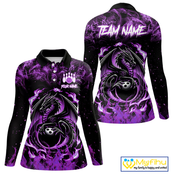 Black and Purple Flame Dragon bowling shirts for Women Custom Bowling Team Jersey, gift for Bowler NQS10247