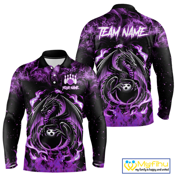 Black and Purple Flame Dragon bowling shirts for Men Custom Bowling Team Jersey, gift for Bowler NQS10247