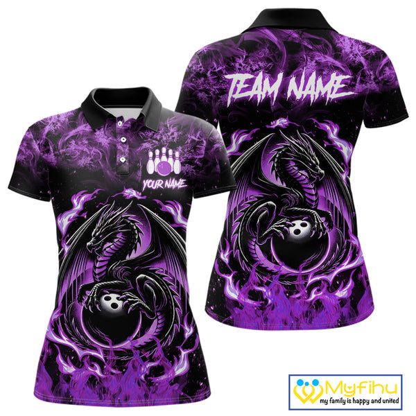 Black and Purple Flame Dragon bowling shirts for Women Custom Bowling Team Jersey, gift for Bowler NQS10247