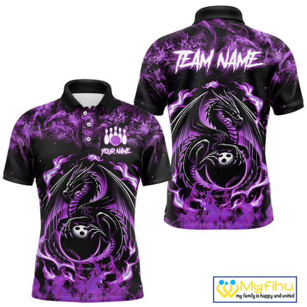 Black and Purple Flame Dragon bowling shirts for Men Custom Bowling Team Jersey, gift for Bowler NQS10247
