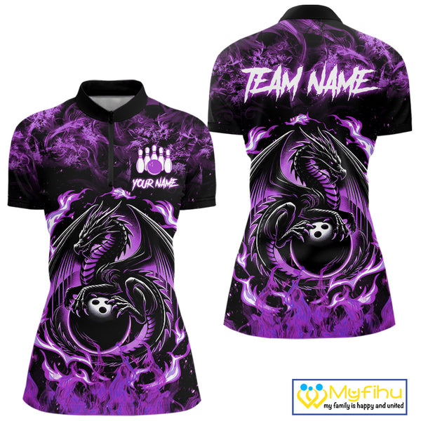 Black and Purple Flame Dragon bowling shirts for Women Custom Bowling Team Jersey, gift for Bowler NQS10247