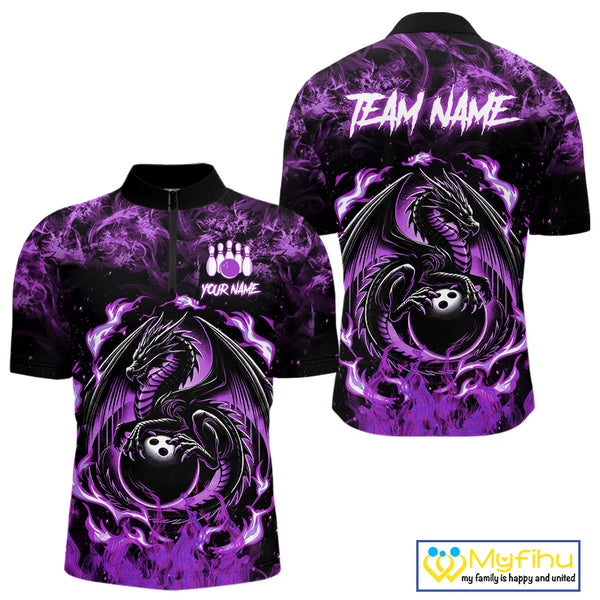 Black and Purple Flame Dragon bowling shirts for Men Custom Bowling Team Jersey, gift for Bowler NQS10247