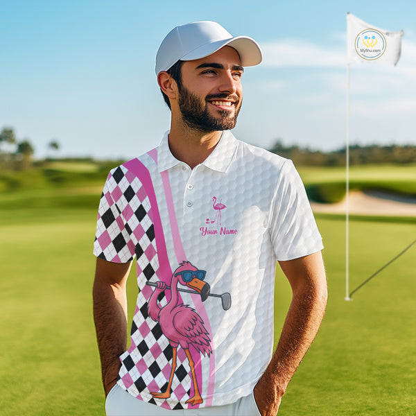 Funny Mens golf polo shirt custom pink and black argyle pattern flamingo white golf shirts NQS10252