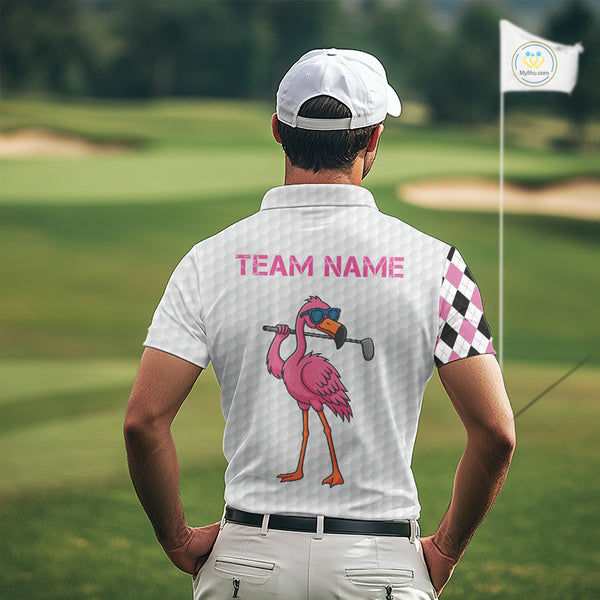 Funny Mens golf polo shirt custom pink and black argyle pattern flamingo white golf shirts NQS10252