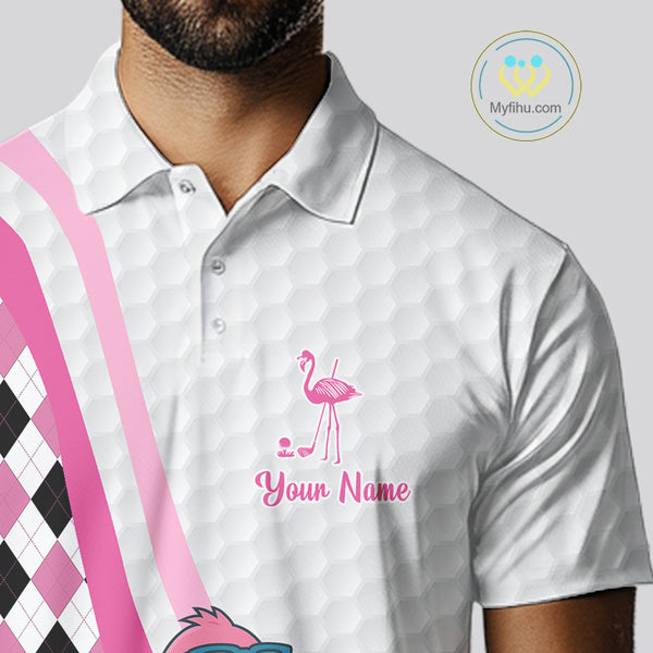 Funny Mens golf polo shirt custom pink and black argyle pattern flamingo white golf shirts NQS10252